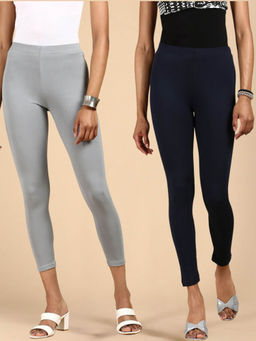 De Moza - Dark Navy Blue & Grey Ankle Length Solid Cotton Leggings (Pack of 2)