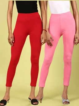 De Moza - Red & Rani Pink Ankle Length Solid Cotton Leggings (Pack of 2)