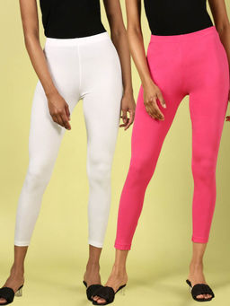 De Moza - White & Pink Ankle Length Solid Cotton Leggings (Pack of 2)