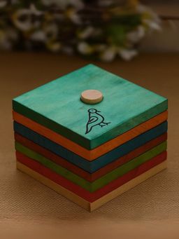 Unravel India - Wooden Multi-Color Bird Coasters with Stand (Set Of 6)