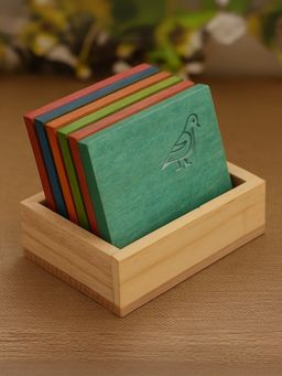 Unravel India - Wooden Multi-Color Coasters with Stand (Set Of 6)