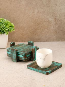 Unravel India - Blue Coaster In Wood with Base Tray (Pack Of 4)