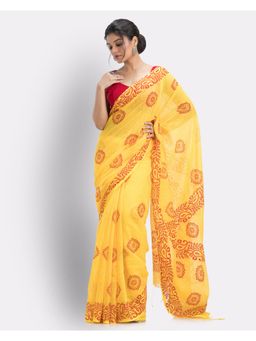Angoshobha - Indian Women Yellow Festive Cotton Blend Saree with Unstitched