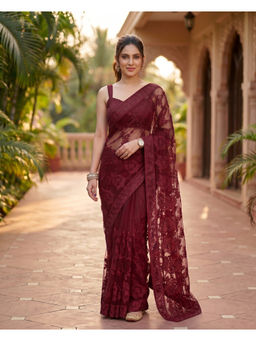 VAIRAGEE - Maroon Women's Designer Embroidered Net Saree with Unstitched Blouse