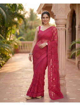 VAIRAGEE - Pink Women's Designer Embroidered Net Saree with Unstitched Blouse