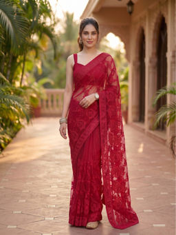 VAIRAGEE - Red Women's Designer Embroidered Net Saree with Unstitched Blouse