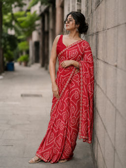 VAIRAGEE - Red Georgette Printed Bandhani Saree and Mono Banglory Unstitched Blouse