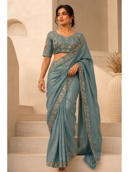 VAIRAGEE - Sky Blue Frendy Satin Embroidery Saree with Unstitched Blouse