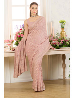 MEENA BAZAAR - Dusty Pink Georgette Embroidered and Swaroski Work Saree Without Blouse