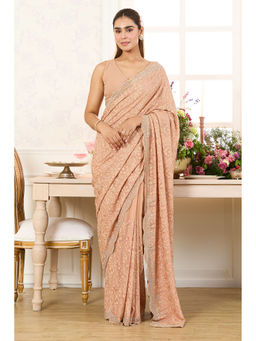 MEENA BAZAAR - Peach Fawn Georgette Embroidered and Swaroski Work Saree Without Blouse