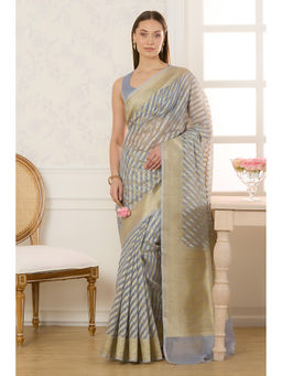 MEENA BAZAAR - Grey Metalic Tissue Zari Woven Saree Without Blouse