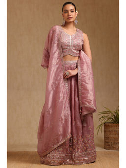 Soch - Womens Onion Pink Organza Embroidered Choli with Lehenga & Dupatta (Set of 3)