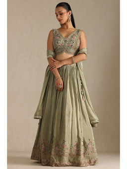 Soch - Womens Green Brocade Embroidered Choli with Lehenga & Dupatta (Set of 3)