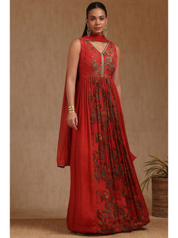 Soch - Womens Red Chinon Floral Print Anarkali Kurta with Leggings & Dupatta (Set of 3)