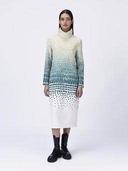 Genes Lecoanet Hemant - Women's Teal Turtle Neck Printed A-Line Dress