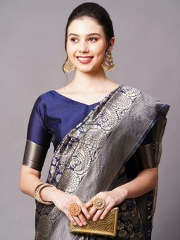 Akhilam - Navy Blue Festive Silk Blend Woven Design Saree with Unstitched