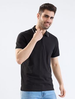 Spykar - Black Slim Fit Casual Polo T-Shirt for Men