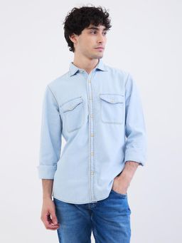 Spykar - Light Blue Slim Fit Casual Shirt for Men