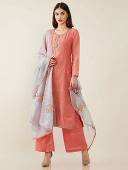 Soch - Coral Machine Embroidery Chanderi Unstitched Dress Material With Reflective Embellishment - 3 Meter Kurta Fabric