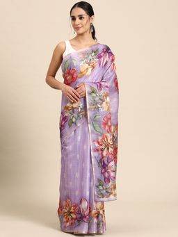 Silk Land - Lavender Womens Cotton Silk Floral Print Saree with Unstitched