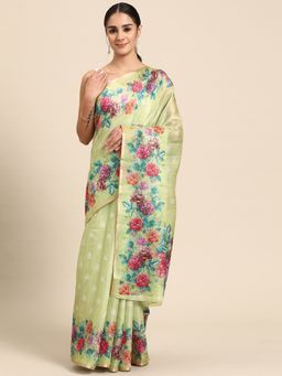 Silk Land - Green Womens Cotton Silk Floral Print Saree with Unstitched