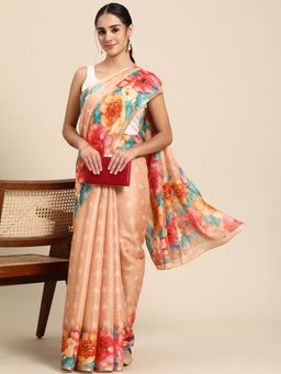 Silk Land - Peach Womens Cotton Silk Floral Print Saree with Unstitched