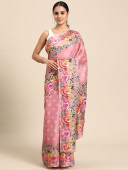 Silk Land - Pink Womens Cotton Silk Floral Print Saree with Unstitched