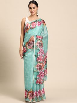 Silk Land - Blue Womens Cotton Silk Floral Print Saree with Unstitched
