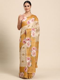Silk Land - Mustard Floral Printed Cotton Silk Saree with Unstitched
