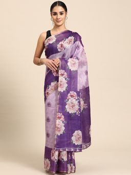 Silk Land - Purple Floral Printed Cotton Silk Saree with Unstitched