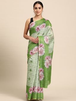 Silk Land - Green Floral Printed Cotton Silk Saree with Unstitched