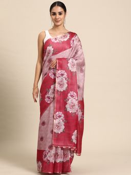 Silk Land - Pink Floral Printed Cotton Silk Saree with Unstitched