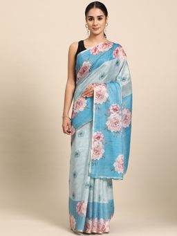 Silk Land - Blue Floral Printed Cotton Silk Saree with Unstitched