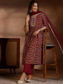 Libas - Maroon Floral Printed High Slit Kurta with Trousers and Dupatta (Set of 3)