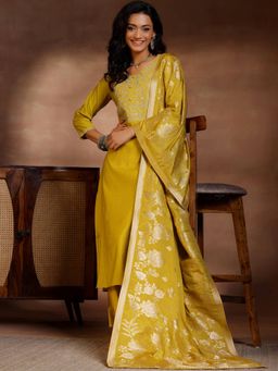 Libas - Mustard Floral Yoke Design Straight Kurta with Trousers and Dupatta (Set of 3)