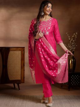 Libas - Pink Floral Yoke Design Straight Kurta with Trousers and Dupatta (Set of 3)