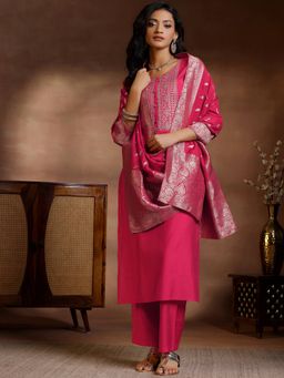 Libas - Pink Yoke Design Straight Kurta with Solid Trousers & Woven Dupatta (Set of 3)