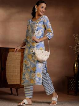 Libas - Blue Floral Printed Straight Kurta with Chevron Pants (Set of 2)
