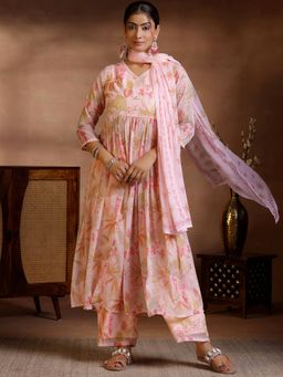 Libas - Pink Floral Printed Pleated Chiffon Kurta with Palazzo and Dupatta (Set of 3)