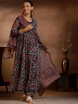 Libas - Black Floral Printed Pleated Chiffon Kurta with Palazzo and Dupatta (Set of 3)