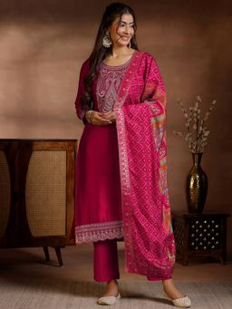 Libas - Red Ethnic Motif Zari Straight Kurta with Trousers & Dupatta (Set of 3)