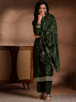 Libas - Green Ethnic Motif Embroidered Straight Kurta with Trousers & Dupatta (Set of 3)