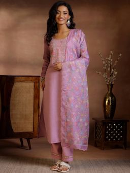 Libas - Lilac Embroidered Yoke Design Kurta with Solid Trousers & Dupatta (Set of 3)