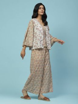 Aarke Ritu Kumar - Beige Printed Cotton Top with Pants and Shrug Co-Ord (Set of 3)