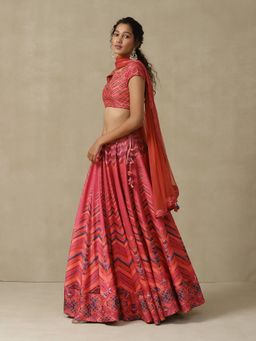 Aarke Ritu Kumar - Pink Chevron Printed Lehenga with Blouse and Dupatta (Set of 3)
