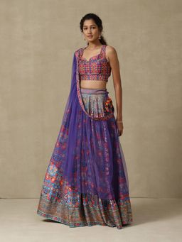 Aarke Ritu Kumar - Purple Floral Printed Lehenga with Blouse and Dupatta (Set of 3)