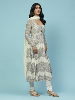 Aarke Ritu Kumar - Scoop Neck Full Sleeves White Printed Kurta with Churidar & Dupatta (Set of 3)