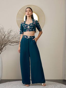 ADORNIA - Floral Embroidered Crop Top and Palazzo (Set of 2)