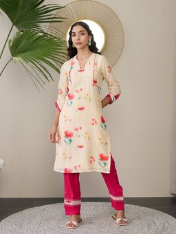 ADORNIA - Straight Floral Print Kurta with Trousers (Set of 2)