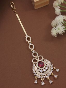 I Jewels - Women Gold Plated Pink American Diamond Cubic Zirconia Maangtikka